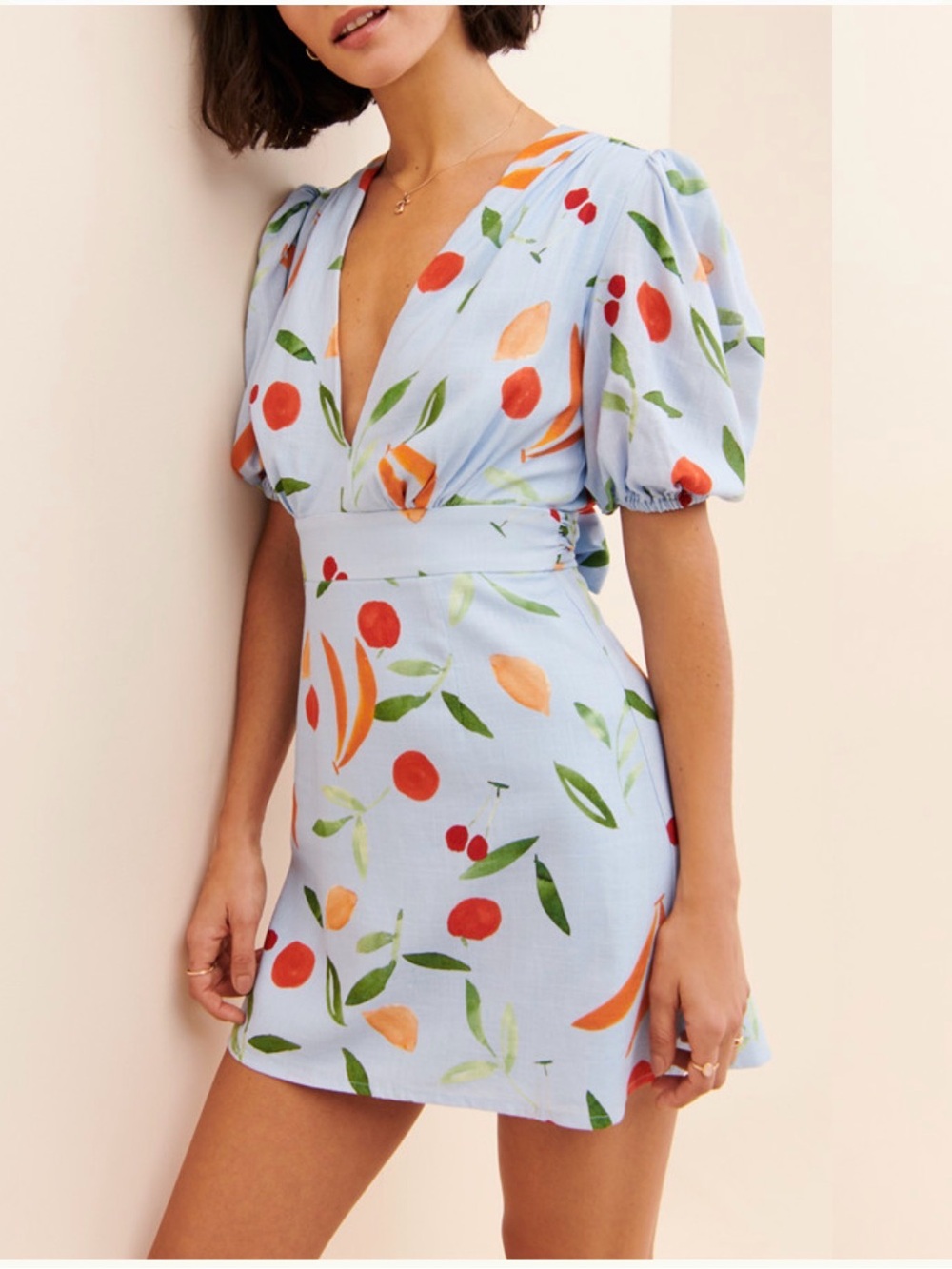 Finders Keepers Light Blue Fruit-Print Puff Sleeve Mini Dress sz 6 Medium